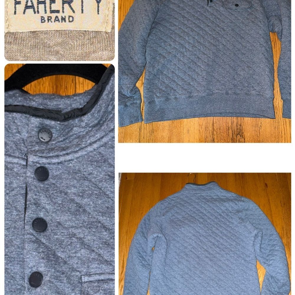 Faherty Men's L Epic Quilted Fleece Pullover Ocean Light Blue Heather Snap Neck